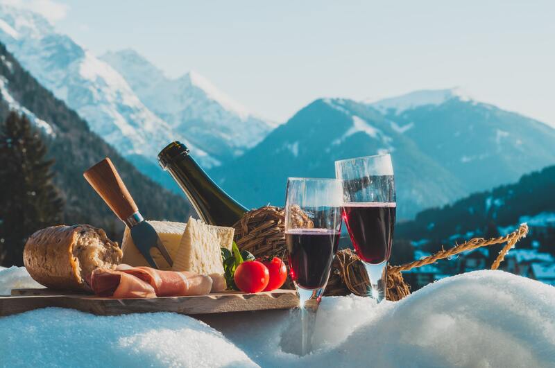 Wine and cheese at luxury mountain resort